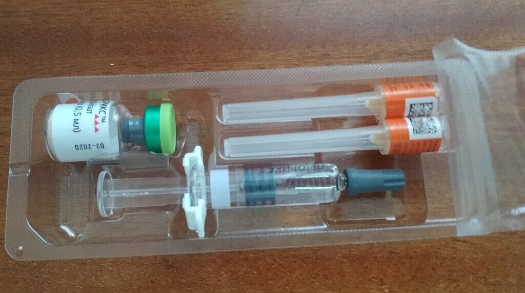 A bag on a table containing the PRIORIX MMR vaccination