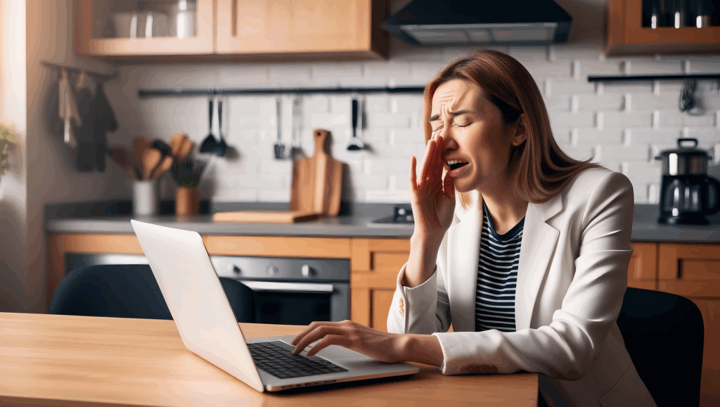 Woman sat at kitchen table with a laptop computer about to sneeze.