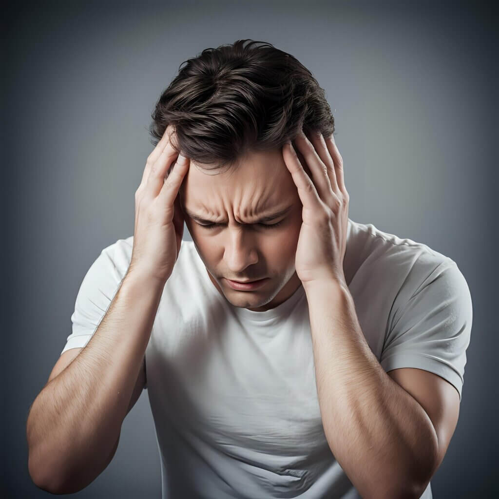 man holding his head in pain with symptoms of a migraine