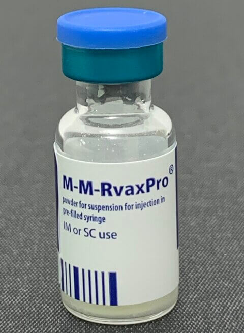 Bottle containing MMR vaccine for measles, mumps and rubella