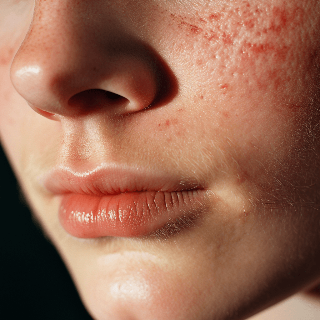 Close-up of a person’s cheek showing small acne spots and redness.