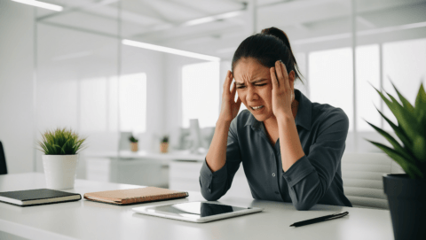 Woman sitting at a desk with her eyes closed and hands pressed to her temples, appearing to have a headache.