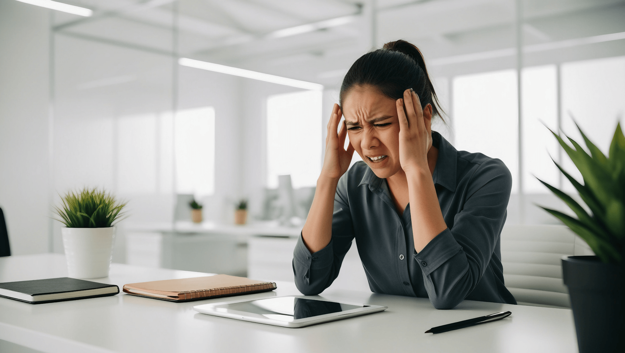 Woman sitting at a desk with her eyes closed and hands pressed to her temples, appearing to have a headache.